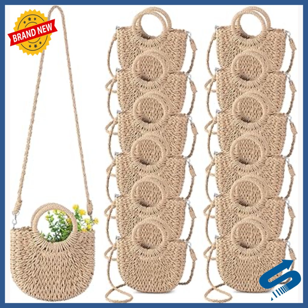 Semi Circle Rattan Straw Tote With Detachable Strap, Boho Beach Bag